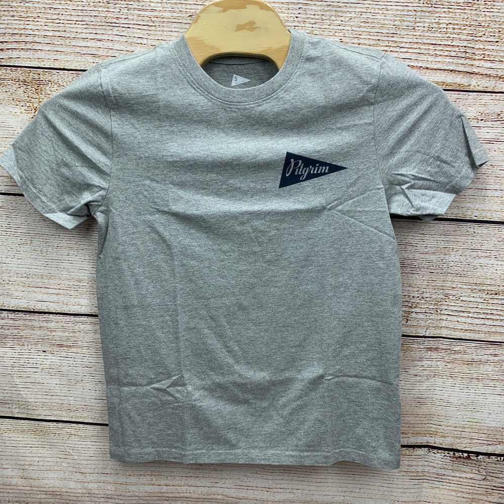 Pilgrim Heather Grey Pennant‎ Logo T Shirt Made in USA Size Small